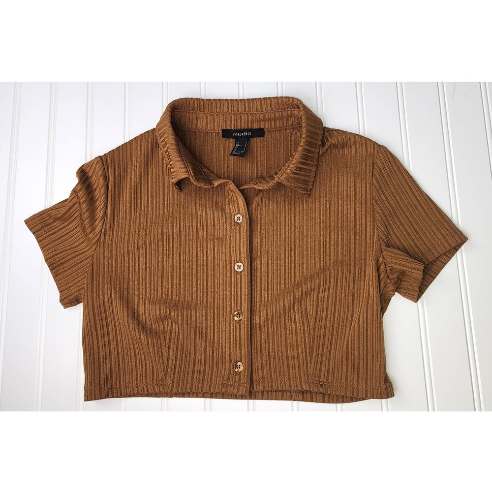 Forever 21 Womens Small‎ Ribbed Knit Polo Crop Top Brown Short Sleeve
